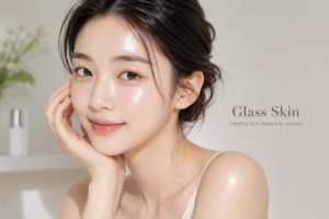 Young Korean woman with glass skin showcasing a healthy, hydrated, radiant complexion inspired by Korean skincare and facial treatments.