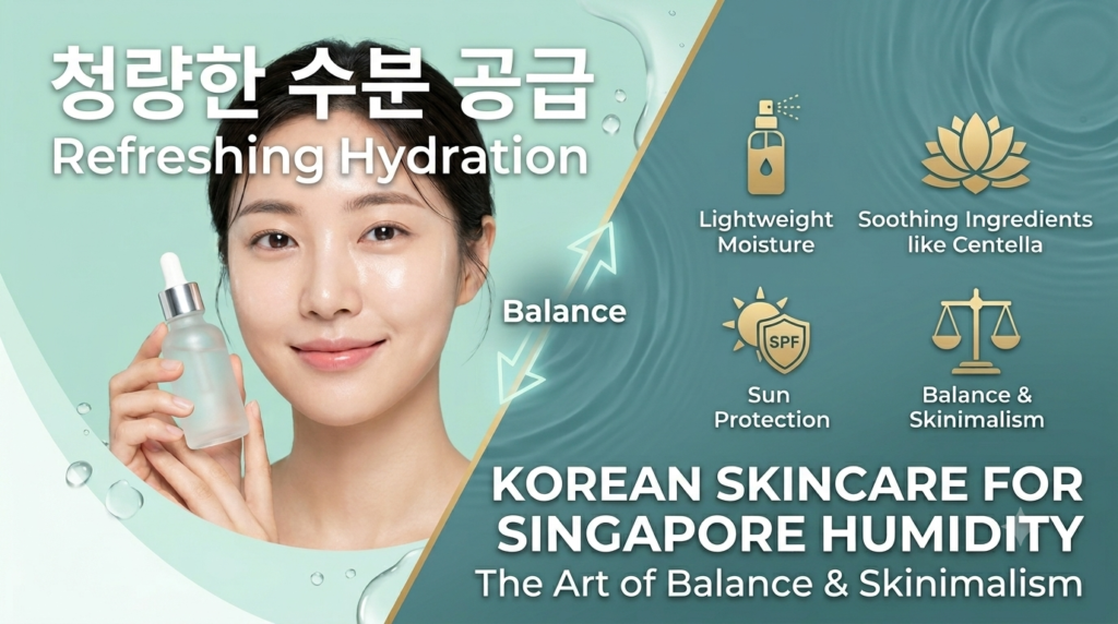 A guide image on Korean skincare for Singapore's humidity, focusing on hydration and balance.
